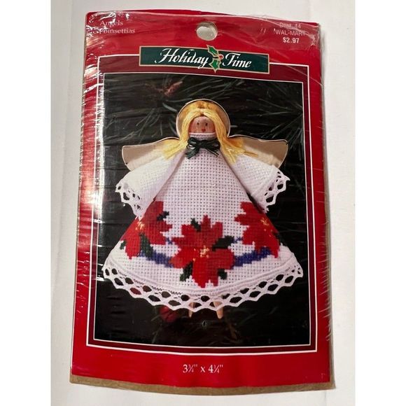 VINTAGE 1990s Walmart Dept. 44 Holiday Time Angel Poinsettia 351452 Cross Stitch - Picture 2 of 4